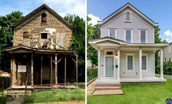 Casa histórica restaurada mostrando el antes en ruinas y el después renovado resaltando su gloria histórica original.