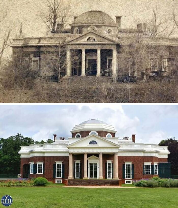Casa histórica restaurada a su gloria original con fachada de ladrillo rojo y columnas clásicas en jardines bien cuidados.