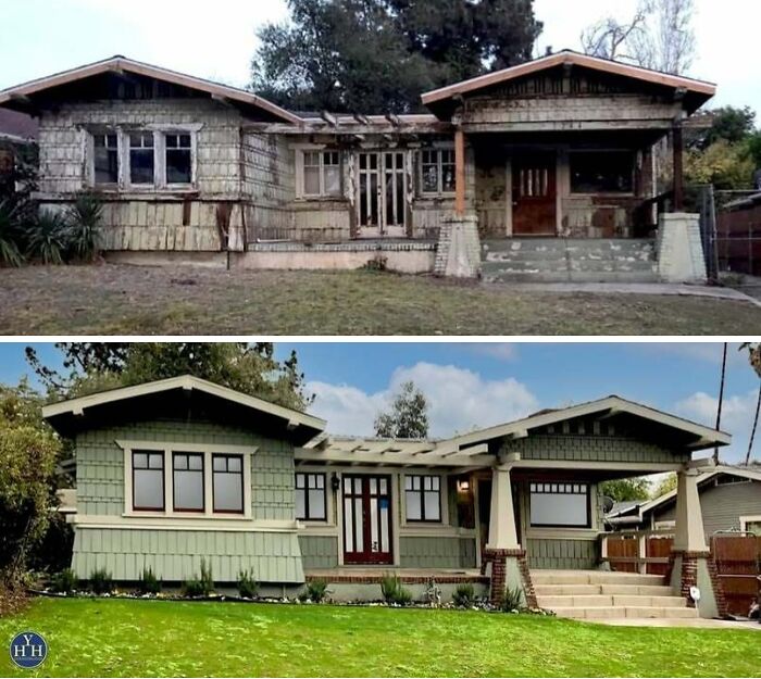 Casa antigua antes y después de la restauración para recuperar su gloria histórica con fachada renovada y jardín cuidado.