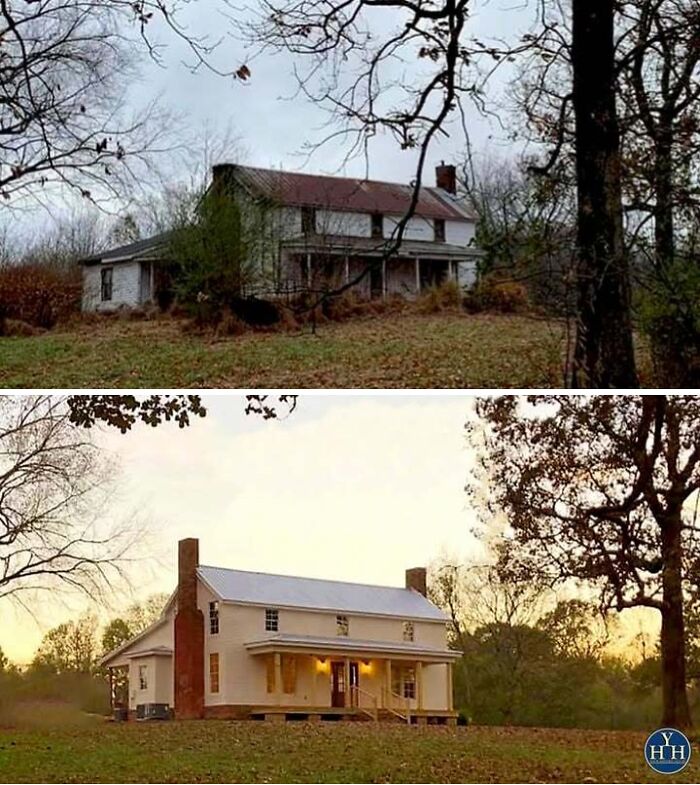 Old house before and after restoration, showcasing historical house restoration and preservation in a rural setting.