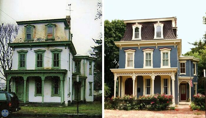 Side-by-side comparison of a house before and after restoration showcasing historical house restoration details.