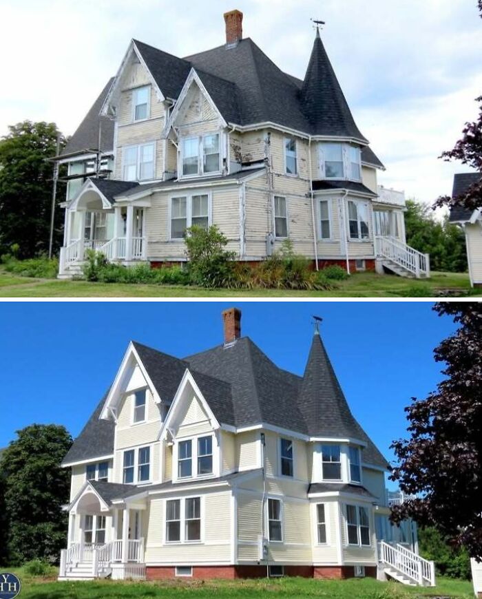 Victorian house before and after restoration showcasing historical glory with fresh paint and repaired exterior details.