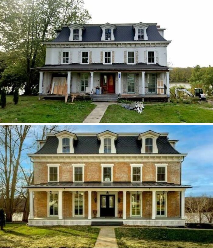 Historic house restoration before and after showing repaired brick facade and renovated porch in a landscaped yard.