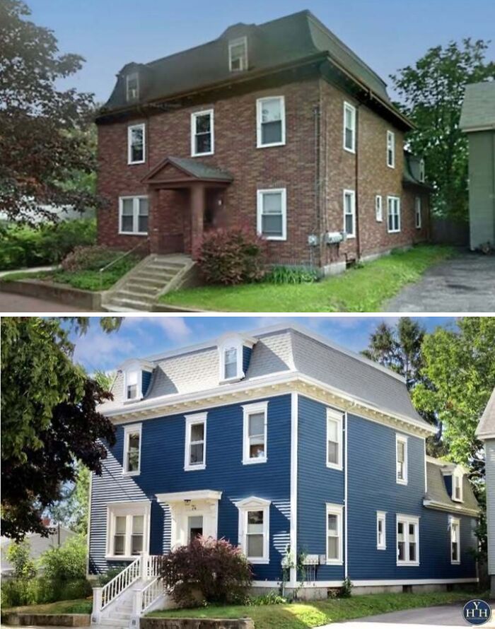 Two houses showing before and after restoration, highlighting historical glory with brick and blue exterior finishes.