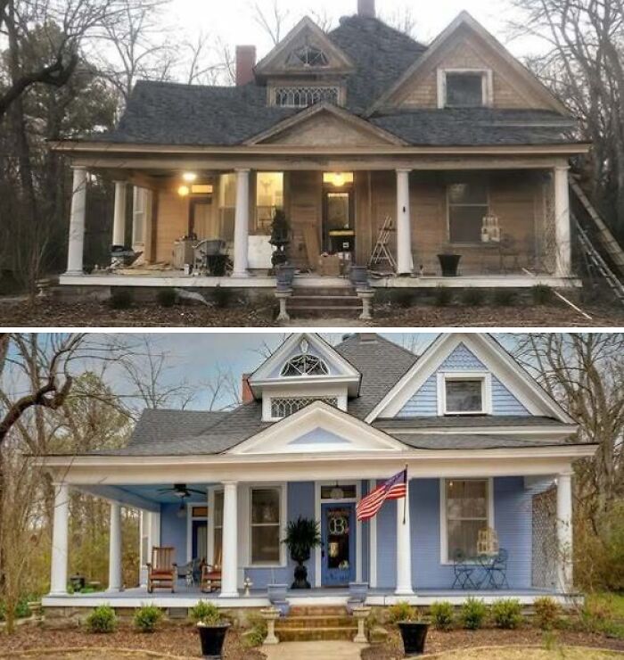 Two photos showing a historic house before and after restoration, highlighting restored historical house details and colors.