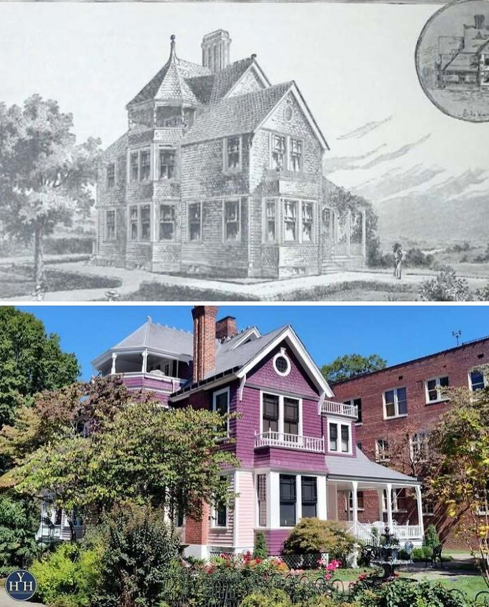 Before and after images of a historic house restored to its original architectural glory with vibrant exterior details and landscaping.