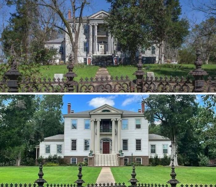 Historic houses before and after restoration showcasing renewed historical glory with classic columns and grand architecture.