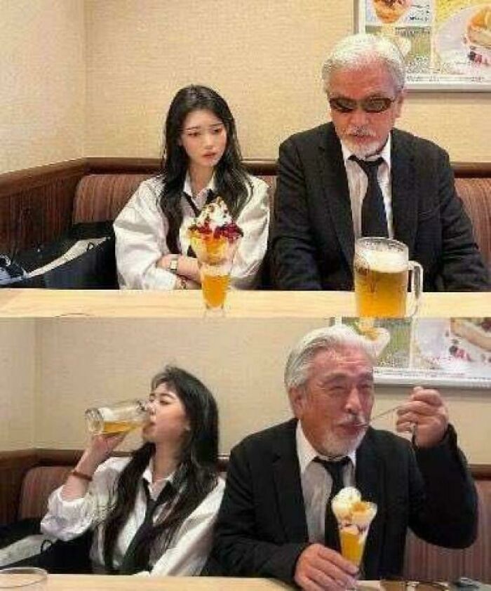 Young woman and older man sharing desserts and drinks in a casual setting, evoking pictures that go hard humor.