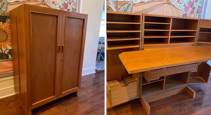 Wooden vintage mid-century modern thrift store cabinet with multiple shelves and compartments, a lucky shopper's jackpot find.