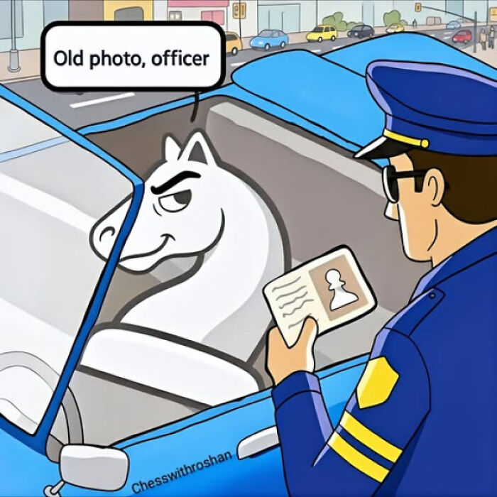 Cartoon of a chess knight piece in a car pulled over by a police officer, funny pictures that go hard and chuckle.