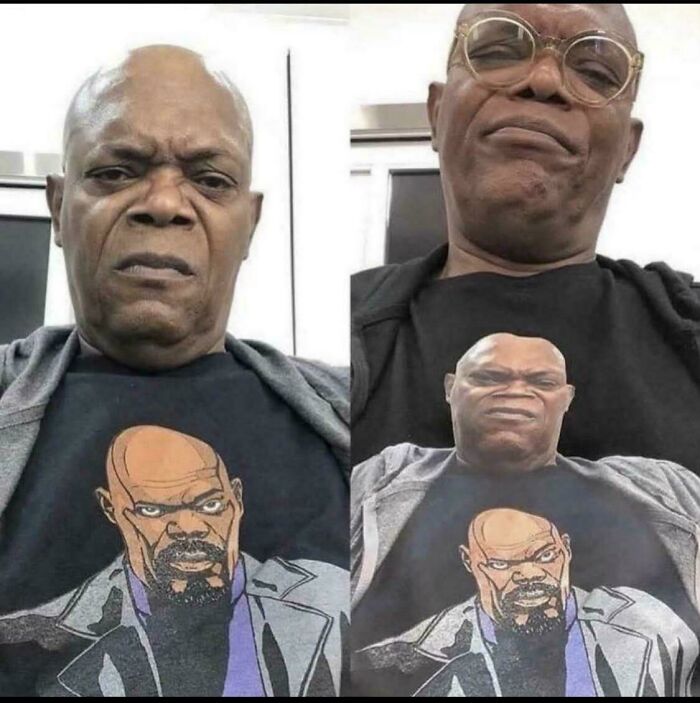 Two men wearing matching graphic t-shirts with serious expressions, highlighting people chuckling at pictures that go hard.