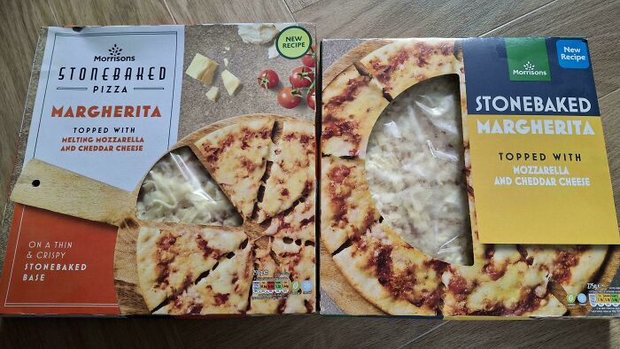Two stonebaked Margherita pizzas from Morrisons showing size differences, highlighting sneakflation examples in food packaging.