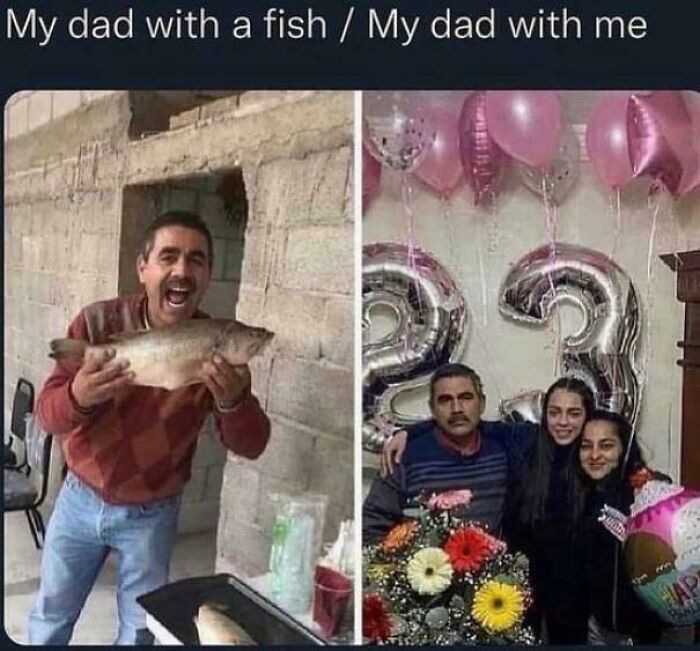 Man holding a fish and posing with family at birthday party with balloons, capturing people chuckling at pictures that go hard.