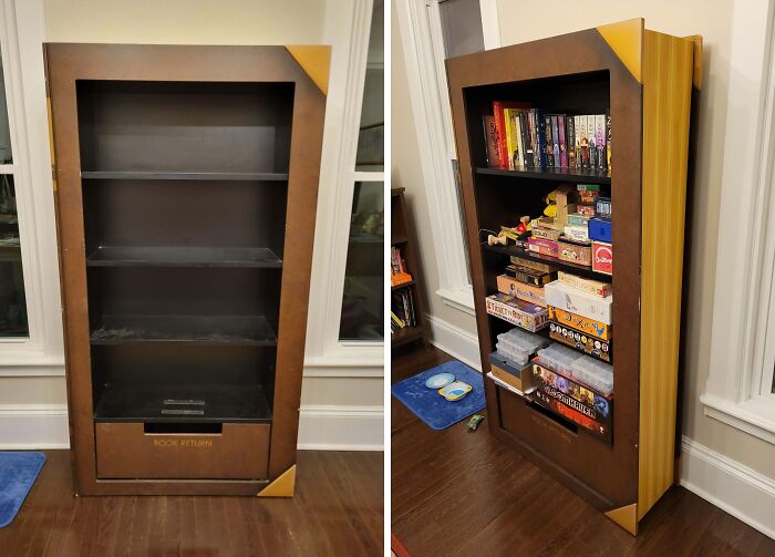 Thrift store jackpot bookshelf styled as a giant library book, empty in one image, filled with board games in the other.