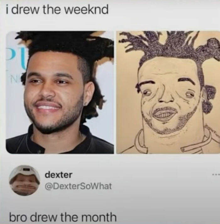 Side-by-side comparison of a celebrity photo and a humorous, exaggerated drawing, showcasing people chuckling at pictures that go hard.