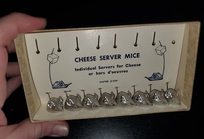 Set of vintage cheese server mice displayed in original box, a unique thrift store jackpot find for lucky shoppers.