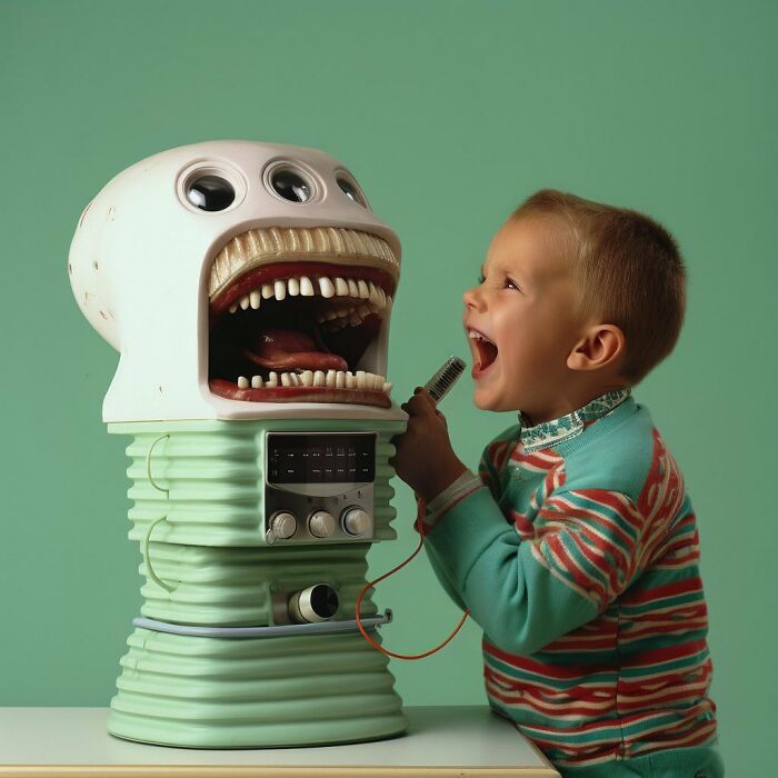 Child holding a microphone next to a creepy forbidden toy with multiple eyes and a large open mouth on a green background.