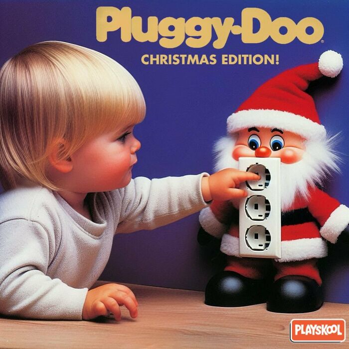 Toddler reaching to touch a creepy Pluggy-Doo toy Santa with exposed electrical outlets, a forbidden toy creation.