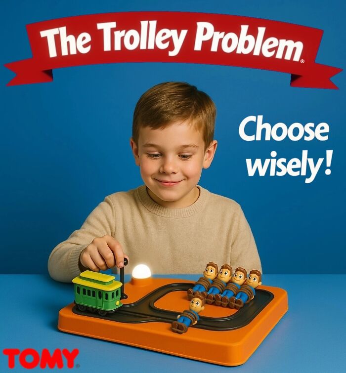 Boy playing with trolley toy featuring multiple tied dolls lined on tracks, illustrating forbidden toys concept.