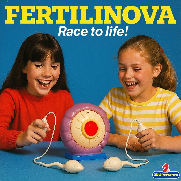 Two girls playing with a creepy toy featuring an eyeball and s***m figures, a forbidden toy creation by Rosemberg.