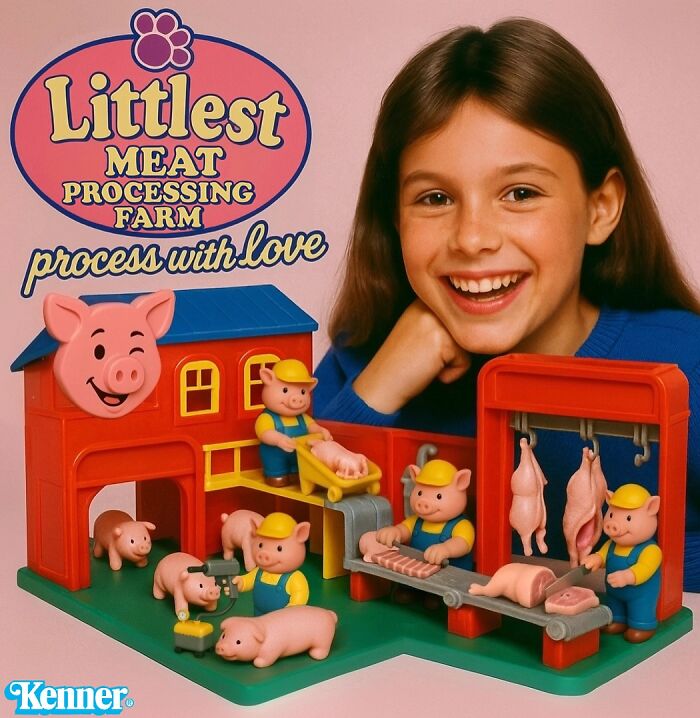 Girl smiling with a creepy Littlest Meat Processing Farm toy set, one of the forbidden toys by Rosemberg.