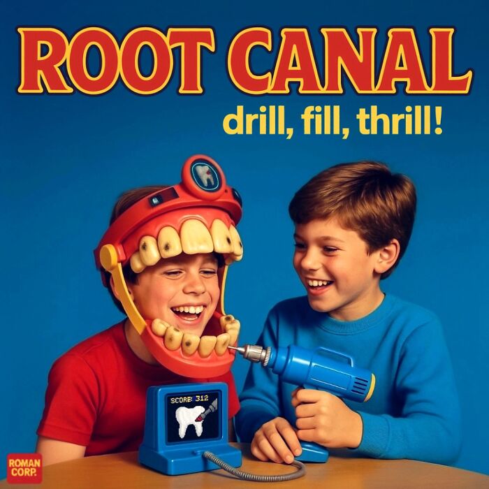 Two boys playing with a creepy root canal toy from Forbidden Toys, featuring oversized teeth and a drill.