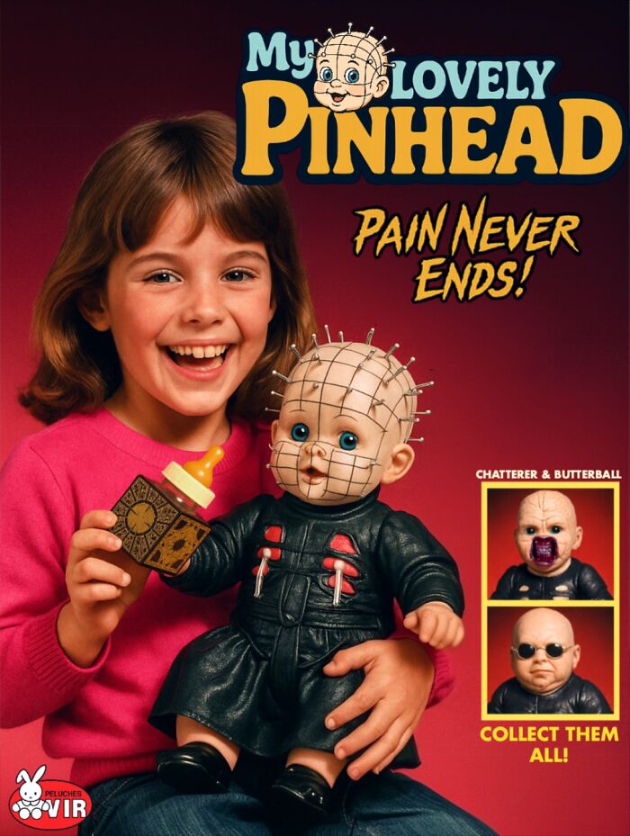Young girl holding a creepy Pinhead doll from forbidden toys collection with tagline pain never ends and collectible figures.