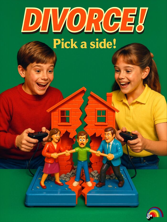 Two children play with a Forbidden Toys divorce game featuring creepy broken house and tug-of-war figures.