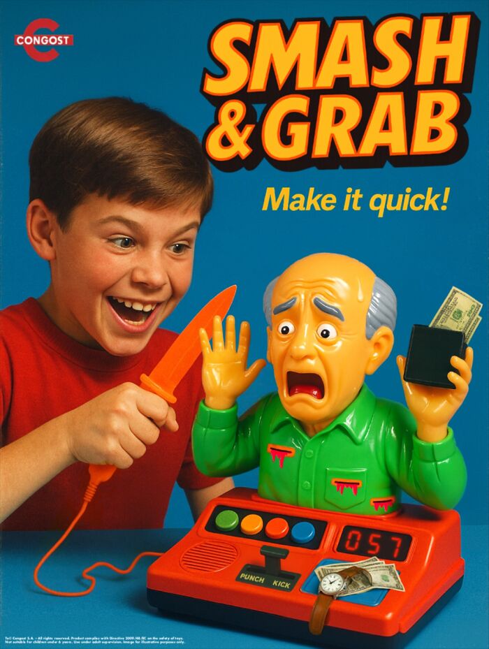 Boy excitedly holding a knife near a distressed toy man in a creepy forbidden toys creation scene.