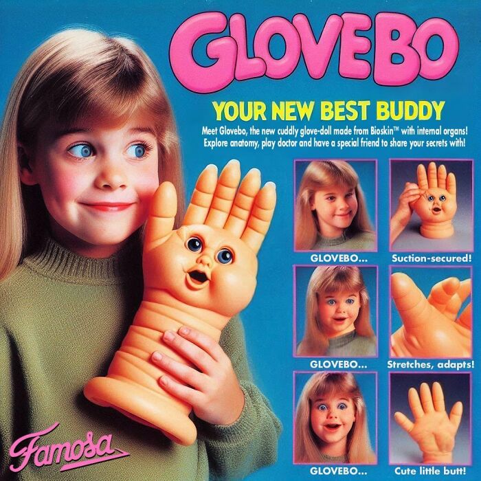 Young girl holding creepy Glovebo toy with a face on the palm, featured among forbidden toys by Rosemberg.