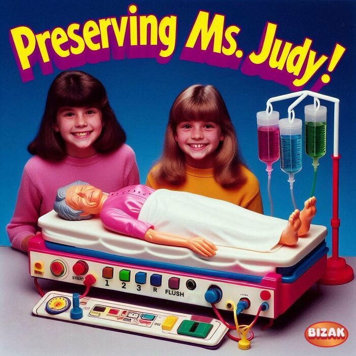 Two girls smiling next to a creepy forbidden toy of a hospital bed with an elderly doll and colored IV bags.