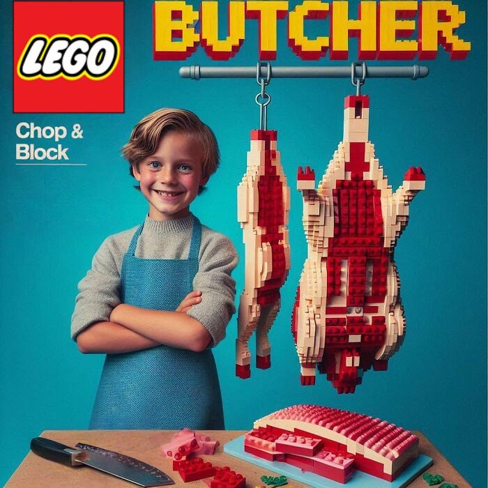 Child in blue apron with creepy forbidden toys made of LEGO bricks resembling butchered meat creations.