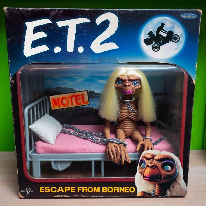 E.T. 2 collectible toy chained to a bed in a motel setting, a creepy forbidden toy creation with long blonde hair.