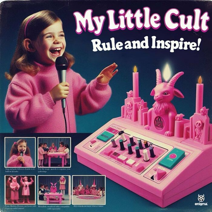 Young girl in pink sweater holding microphone next to a creepy pink cult-themed toy with candles and goat figure.