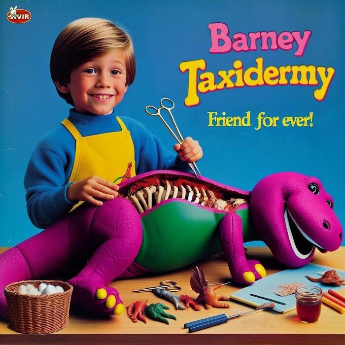 Child playing with a creepy Barney taxidermy toy revealing bones, a chilling example of forbidden toys by Rosemberg.