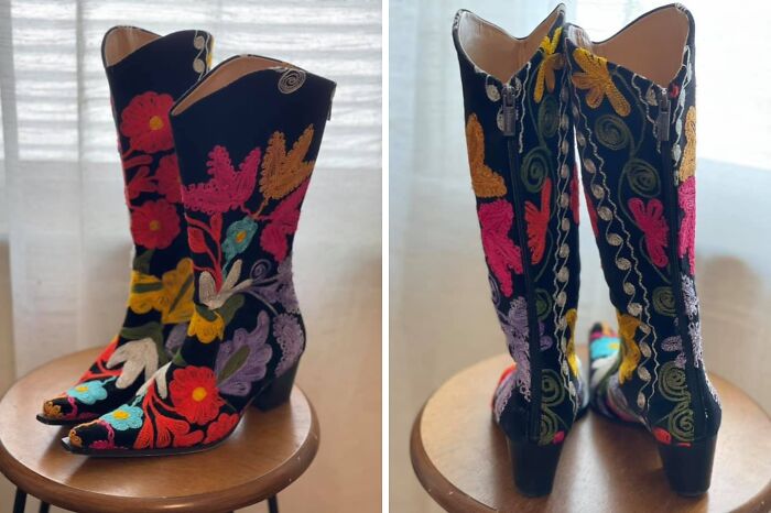 Colorful embroidered boots found by lucky shoppers at the thrift store jackpot, showcasing unique vintage style and design.
