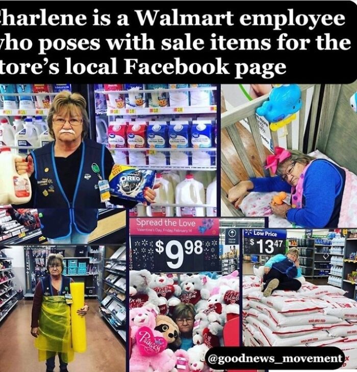 Walmart employee posing with sale items and surrounded by products in a quirky People of Walmart scene.