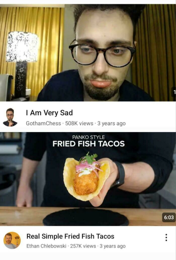Man with sad expression and close-up of panko style fried fish taco highlighting people chuckling at pictures that go hard