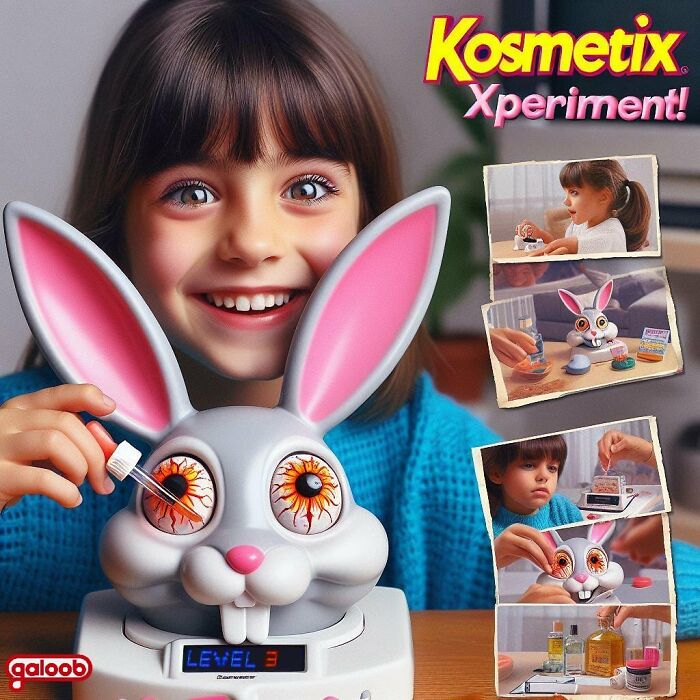 Young girl playing with a creepy toy rabbit from Forbidden Toys by Rosemberg, featuring unsettling eye details and eerie design.