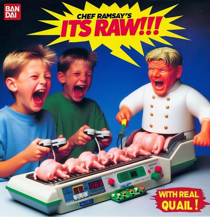 Two boys playing with a creepy chef toy grilling real quail, a spooky forbidden toy creation by Rosemberg.