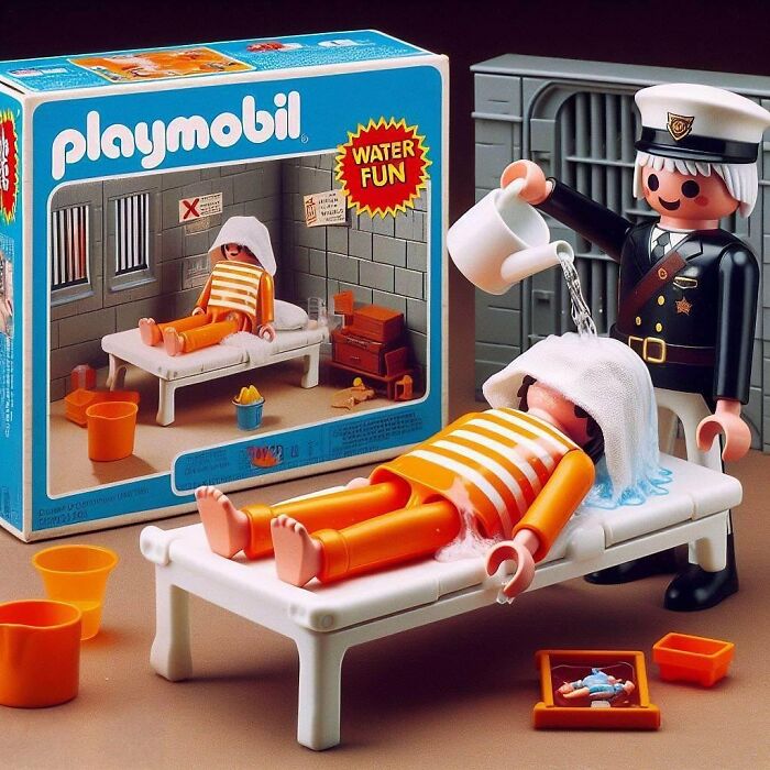 Playmobil toy set from Forbidden Toys collection featuring a creepy scene with a figure pouring water over another on a bed.