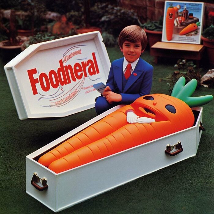 Child in a blue suit with a creepy large carrot toy lying in a coffin-shaped box in a garden setting, forbidden toys theme.