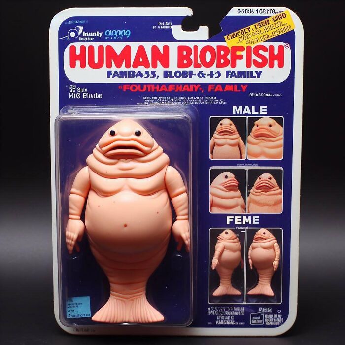 Creepy forbidden toy figure resembling a human-fish hybrid with wrinkled skin and large eyes in sealed packaging.