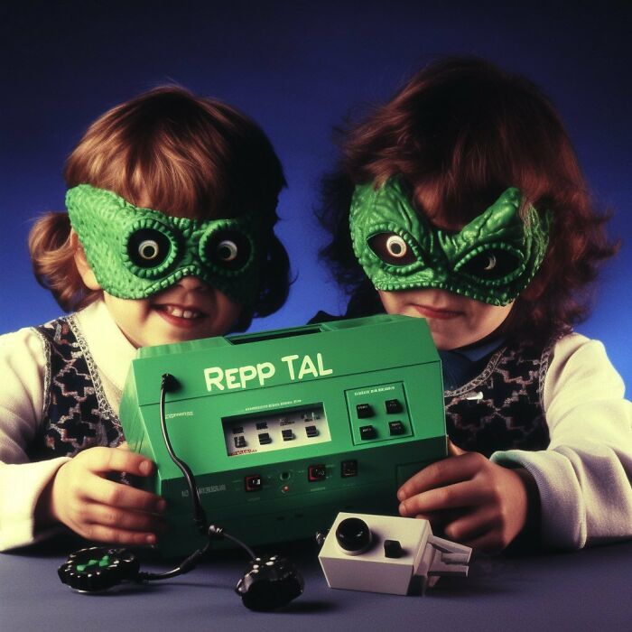Two children wearing green creepy masks playing with a vintage eerie forbidden toy labeled Repp Tal.