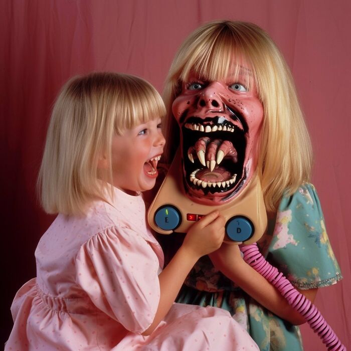 Young girl holding a creepy forbidden toy with a monstrous face, showcasing one of Rosemberg's creepy creations.