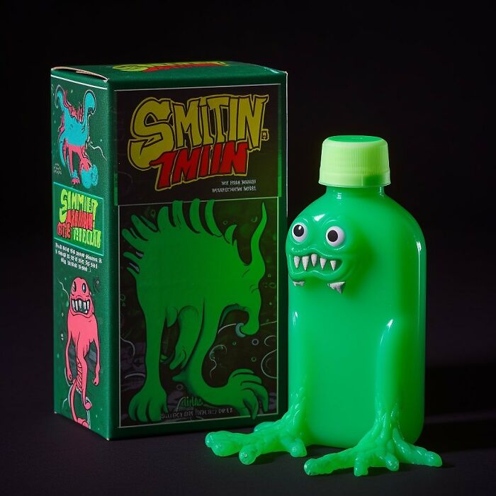 Green creepy toy bottle with eyes and sharp teeth next to its colorful box from forbidden toys collection by Rosemberg.