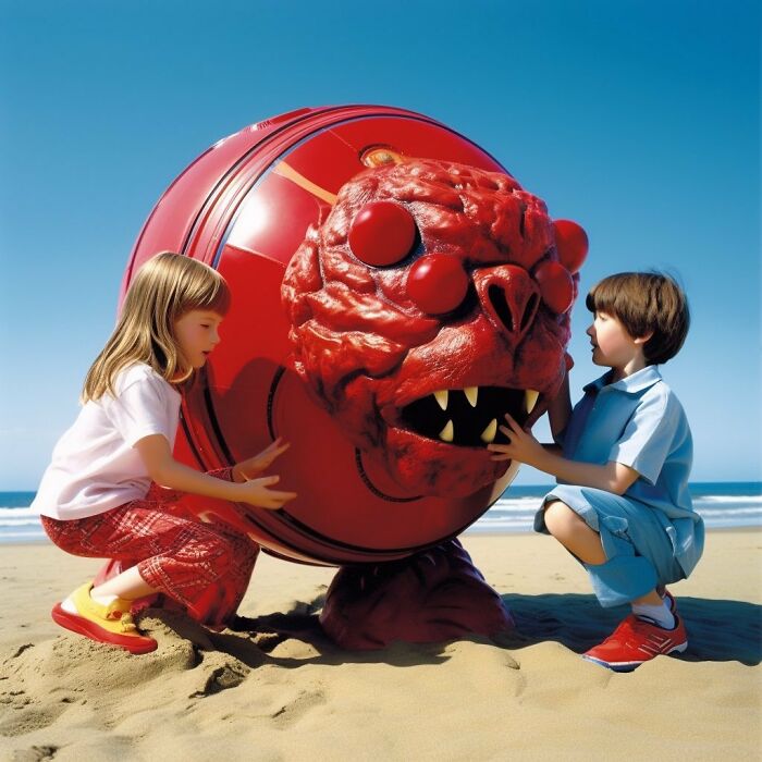 Two children playing with a large red creepy toy with sharp teeth on a sandy beach under clear blue sky.