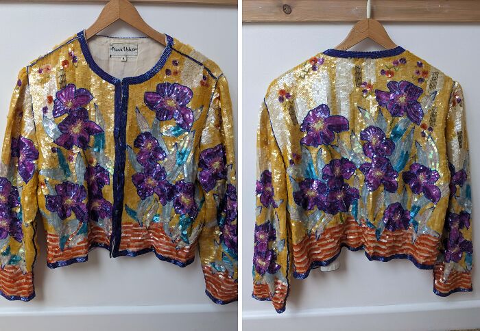 Sequin floral jacket with purple flowers and gold background, a thrift store jackpot find by lucky shoppers.