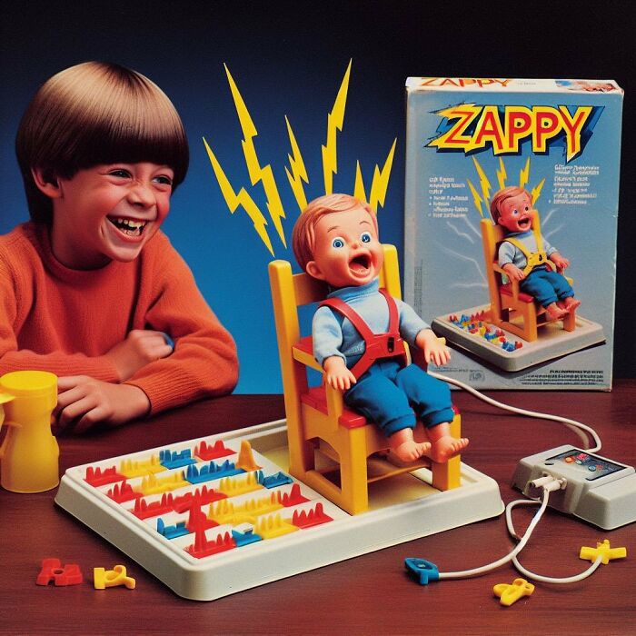 Child playing with the creepy Zappy toy featuring a doll in an electric chair with lightning bolts, a forbidden toy creation.