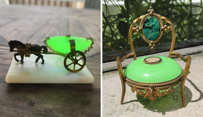 Two unique vintage green glass thrift store finds, one horse-drawn cart and an ornate decorative chair with malachite accents.